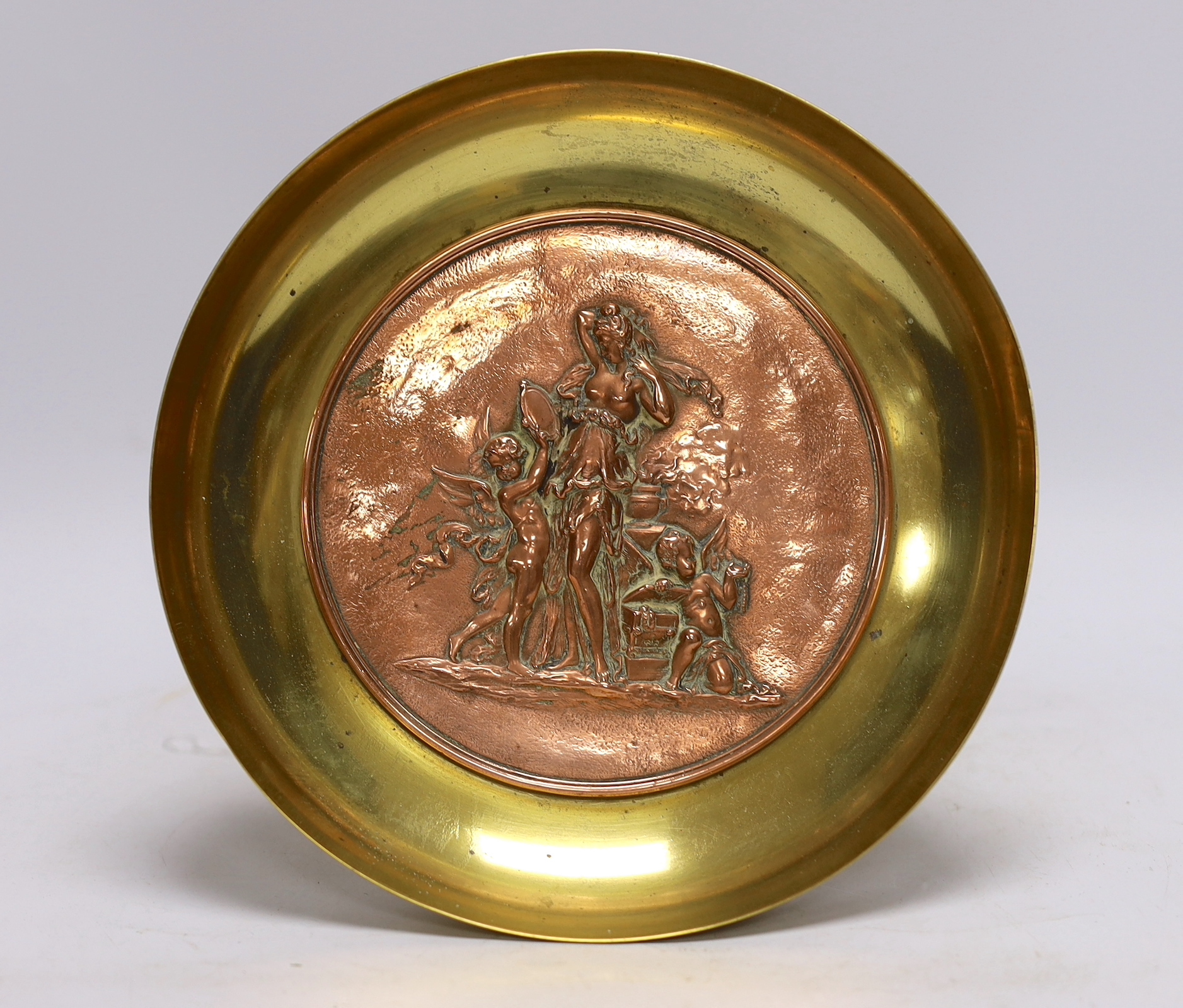 A bronze and copper embossed tazza, early 20th century, 19.5cm